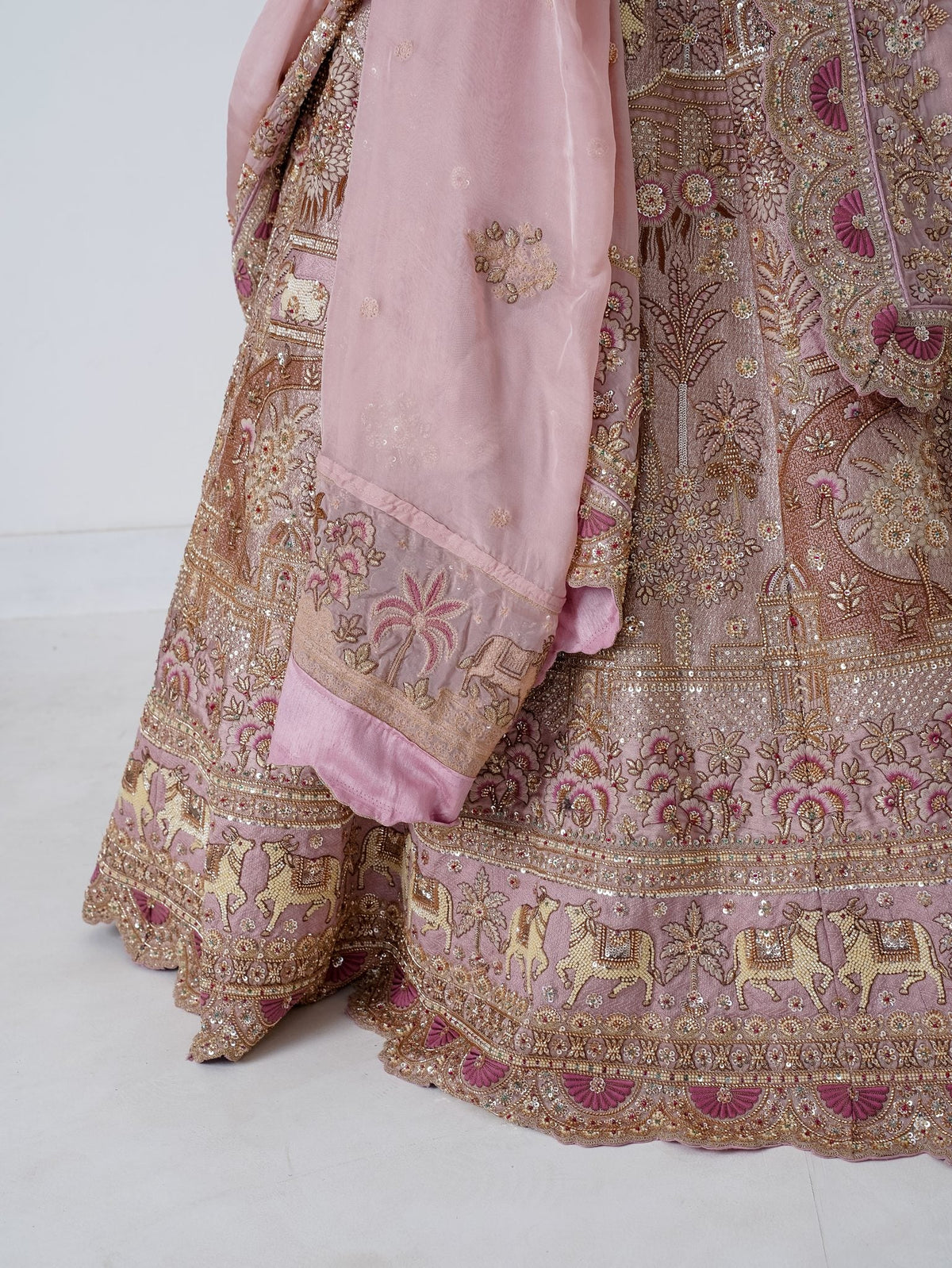 Blush pink embroidered lehenga, skirt embroidery close-up