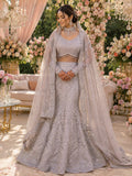 Lilac fishtail lehenga with dense silver jaal embroidery